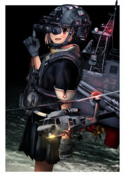 Rule 34 | 1girl, adapted costume, aircraft, alternate hair length, alternate hairstyle, black serafuku, blonde hair, commentary request, cowboy shot, fang, gloves, grey gloves, hair flaps, head-mounted display, helicopter, highres, kantai collection, night, night vision device, red eyes, scarf, school uniform, serafuku, ship, skin fang, solo, timmyyen, water, watercraft, white scarf, yuudachi (kancolle), yuudachi kai ni (kancolle)