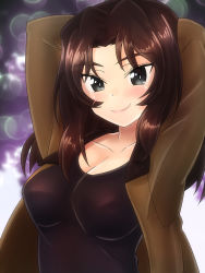 Rule 34 | 1girl, alternate costume, arms behind head, arms up, brown hair, el (girls und panzer), girls und panzer, green eyes, highres, jacket, long hair, looking at viewer, oekaki lemon, open clothes, open jacket, saunders military uniform, shirt, solo, t-shirt