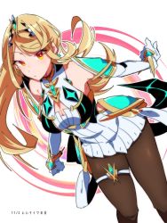 Rule 34 | 1girl, bare shoulders, blonde hair, breasts, chest jewel, cleavage, cleavage cutout, clothing cutout, dress, earrings, elbow gloves, gloves, jewelry, large breasts, long hair, mugimugis, mythra (massive melee) (xenoblade), mythra (xenoblade), short dress, solo, swept bangs, thigh strap, tiara, very long hair, white dress, white gloves, xenoblade chronicles (series), xenoblade chronicles 2, yellow eyes