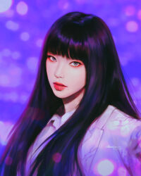 1girl aespa blunt_bangs closed_mouth eyeshadow hashtag-only_commentary highres jacket k-pop karina_(aespa) long_hair looking_at_viewer makeup mole parted_lips purple_background real_life realistic red_eyeshadow signature sin_daybreak solo upper_body white_jacket