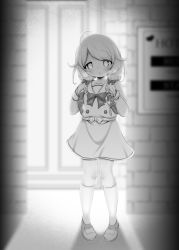 Rule 34 | 1girl, ahoge, blurry, blurry background, blush, brick wall, collarbone, commentary request, crime prevention buzzer, full body, greyscale, highres, holding strap, hosizora mikoto, idolmaster, idolmaster cinderella girls, looking at viewer, love hotel, monochrome, outdoors, school uniform, short twintails, solo, steam, twintails, yusa kozue