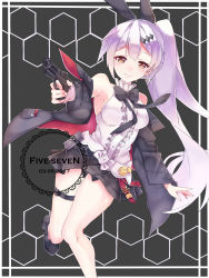 Rule 34 | 1girl, ammunition pouch, arm at side, armpits, bare shoulders, belt, black footwear, blush, bow, breasts, brown eyes, buckle, chain, character name, cleavage, closed mouth, dated, finger on trigger, five-seven (girls&#039; frontline), fn five-seven, girls&#039; frontline, gun, hair ornament, half-closed eyes, handgun, highres, holding, holding gun, holding weapon, jacket, jewelry, lahoc, long hair, looking at viewer, medium breasts, mid-stride, navel, open clothes, open jacket, pdw-caliber pistol, ponytail, pouch, ribbon, shoes, sidelocks, silver hair, skirt, smile, solo, tareme, thigh strap, very long hair, weapon, wind, wind lift