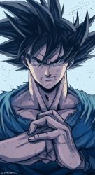 Rule 34 | 1boy, ashes, black eyes, black hair, blue shirt, blue wristband, clenched hand, close-up, closed mouth, cracking knuckles, dragon ball, dragonball z, fingernails, floating hair, hands up, highres, kamiyama sumu, light blue background, looking at viewer, male focus, muscular, muscular male, muted color, own hands together, pectorals, scratches, shade, shirt, sidelighting, simple background, smirk, solo, son goku, spiked hair, torn clothes, torn shirt, twitter username, upper body, wristband