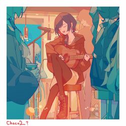 Rule 34 | 1boy, 5girls, acoustic guitar, audio jack, bar stool, black footwear, black hair, black hoodie, black pantyhose, boots, border, cafe, character request, closed eyes, colored inner hair, commentary, cross-laced footwear, diamond earrings, drink, drop earrings, earrings, faceless, faceless female, faceless male, facial hair, facing away, fagun yibei, foot out of frame, guitar, hair over shoulder, hair tubes, hanging light, harusaruhi, highres, holding, holding drink, holding guitar, holding instrument, holding plectrum, hood, hood down, hoodie, indoors, instrument, jewelry, kaf (kamitsubaki studio), kamitsubaki studio, knee up, koko (kamitsubaki studio), long hair, long sleeves, low ponytail, microphone stand, multicolored hair, multiple girls, music, mustache, on stool, open mouth, pantyhose, playing instrument, plectrum, puffy long sleeves, puffy sleeves, red hair, rim (kamitsubaki studio), singing, sitting, skirt, solo focus, standing, stool, symbol-only commentary, twintails, white border, white skirt