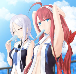 Rule 34 | 10s, 2girls, ^ ^, ahoge, ama (ama zumi3), armpits, arms behind head, arms up, bare arms, blue eyes, blue neckerchief, breasts, closed eyes, cloud, cloudy sky, commentary request, day, eyebrows, food, hairband, highres, hot, kantai collection, kawakaze (kancolle), long hair, looking at viewer, low twintails, medium breasts, mouth hold, multiple girls, neckerchief, no gloves, open clothes, outdoors, popsicle, railing, red hair, school uniform, serafuku, sideboob, sidelocks, silver hair, sky, smile, sweat, twintails, umikaze (kancolle), upper body