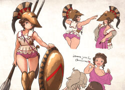 Rule 34 | ancient greek clothes, armor, aspis, borrowed character, chiton, greco-roman clothes, helmet, highres, holding, holding polearm, holding shield, holding weapon, hoplite, hoplite (centurii-chan), ironlily, multiple girls, original, polearm, shield, short hair, spear, sword, toga, undressing, weapon