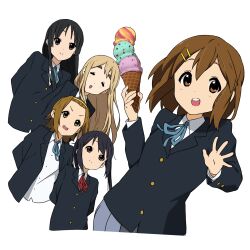 5girls absurdres akiyama_mio arms_behind_back black_hair blonde_hair brown_hair closed_eyes closed_mouth food grey_eyes hair_ornament hairband hairclip highres hirasawa_yui ho-kago_tea_time holding holding_ice_cream_cone ice_cream ice_cream_cone k-on! kicchi_(tmgk) kotobuki_tsumugi light_blush long_hair looking_at_viewer medium_hair multiple_girls nakano_azusa open_mouth short_hair smile tainaka_ritsu teeth thick_eyebrows twintails upper_teeth_only waving white_background yellow_hairband