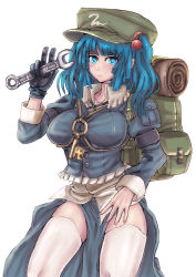 Rule 34 | 1girl, absurdres, backpack, bad id, bad pixiv id, bag, blue eyes, blue hair, female focus, gloves, hair bobbles, hair ornament, hat, highres, kawashiro nitori, key, matching hair/eyes, panzer (p.z), randoseru, short hair, solo, thighhighs, touhou, twintails, two side up, white thighhighs, wrench