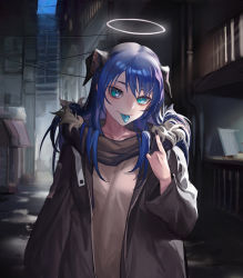 Rule 34 | 1girl, alley, arknights, black jacket, black nails, black scarf, blue eyes, blue hair, blue tongue, chinese commentary, city, closed mouth, colored tongue, commentary request, demon horns, fengyin shici guozi, halo, hand up, highres, horns, index finger raised, jacket, long hair, long sleeves, looking at viewer, mostima (arknights), nail polish, night, open clothes, open jacket, outdoors, power lines, scarf, shirt, solo, tongue, tongue out, upper body, white shirt