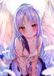 Rule 34 | 1girl, angel beats!, between legs, black skirt, blush, bra, breasts, cardigan, closed mouth, collarbone, commentary request, feathers, from above, hand between legs, highres, long hair, long sleeves, looking at viewer, own hands together, rouka (akatyann), school uniform, silver hair, sitting, skirt, small breasts, solo, tenshi (angel beats!), torn clothes, underwear, v arms, wariza, white bra, white wings, wings, yellow eyes