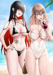 Rule 34 | 2girls, atelier (series), atelier live, bare hips, beach, bikini, black hair, blue eyes, body markings, breasts, brown hair, cleavage, cleavage cutout, clothing cutout, covered erect nipples, drinking, ear piercing, expulse, hand on own hip, legs apart, looking at viewer, multicolored hair, multiple girls, multiple piercings, nanatsuki nana, nipple piercing, o-ring, o-ring bikini, piercing, red hair, smile, swimsuit, tan, tanline, tattoo, virtual youtuber, zenith (expulse)