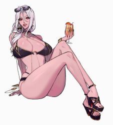 Rule 34 | 1girl, absurdres, bikini, breasts, carmilla (fate), cocktail, eyewear on head, fate/grand order, fate (series), feet, highres, large breasts, long hair, looking at viewer, parted lips, silver hair, sunglasses, swimsuit, toes, yellow eyes