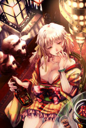 Rule 34 | 1girl, alcohol, bracelet, breasts, cherry, cleavage, food, fruit, japanese clothes, jewelry, large breasts, off shoulder, okazuwa shake, original, pink hair, raccoon, solo, tongue, tongue out, twintails, yellow eyes