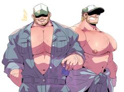 Rule 34 | 1boy, arm hair, bara, bare pectorals, beard stubble, blonde hair, blue jumpsuit, blue shirt, covered erect nipples, cowboy shot, earrings, facial hair, hat over eyes, huge pectorals, jewelry, jumpsuit, jumpsuit around waist, kokukokuboo, male focus, mature male, multiple views, muscular, muscular male, mustache, nipples, open clothes, original, pectoral cleavage, pectorals, shirt, short hair, simple background, smile, sparse chest hair, stubble, tank top, tongue, tongue out, topless male, white background, white tank top