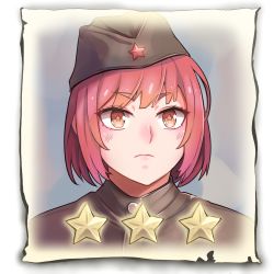 Rule 34 | + +, 1girl, brown hat, closed mouth, company of heroes, hair between eyes, hat, jacket, lowres, military, military hat, military jacket, military uniform, original, red eyes, red hair, red star, solo, soviet, soviet army, star (symbol), thick eyebrows, uniform, v-shaped eyebrows, world war ii, zhainan s-jun