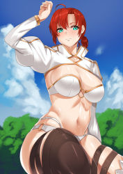 Rule 34 | 1girl, aqua eyes, bikini, blue sky, blush, boots, boudica (fate), breasts, cleavage, closed mouth, fate/grand order, fate (series), hair between eyes, highres, juliet sleeves, kurozawa yui, large breasts, long sleeves, navel, o-ring, ponytail, puffy sleeves, red hair, short hair, short ponytail, shrug (clothing), sky, smile, solo, sweat, swimsuit, thick thighs, thigh boots, thigh strap, thighhighs, thighs, white bikini