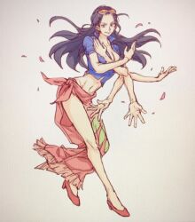 Rule 34 | 1girl, aokamei, black hair, blue vest, commentary, cropped vest, english commentary, extra arms, eyewear on head, flower, full body, hana hana no mi, highres, long hair, looking at viewer, nico robin, one piece, pink sarong, profile, red footwear, sarong, short sleeves, simple background, smile, solo, stomach, sunglasses, vest, white background