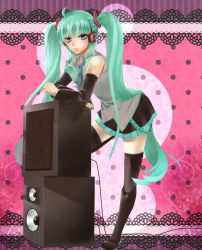 Rule 34 | 1girl, ahoge, boots, detached sleeves, green eyes, green hair, hatsune miku, headphones, long hair, matching hair/eyes, necktie, skirt, solo, speaker, thigh boots, thighhighs, twintails, very long hair, vocaloid