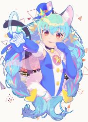 Rule 34 | 1girl, absurdres, animal ear fluff, animal ears, black choker, blue gloves, blue hair, braid, breasts, cat ears, cat tail, choker, collarbone, cropped torso, cure cosmo, elbow gloves, fur-trimmed gloves, fur trim, gloves, hair between eyes, highres, long hair, looking at viewer, outstretched arm, precure, red eyes, small breasts, star twinkle precure, tail, tongue, tongue out, twin braids, very long hair, white background, yuni (precure), yupiteru