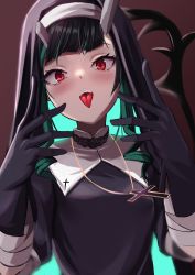 Rule 34 | 1girl, nanashi inc., absurdres, alternate costume, black gloves, black hair, blue hair, blush, breasts, commentary request, cross, cross necklace, demon girl, demon horns, demon tail, fooming, gloves, habit, highres, horns, jewelry, long hair, looking at viewer, multicolored hair, necklace, nun, open mouth, pointy ears, red eyes, shishio chris, small breasts, solo, sugar lyric, tail, tongue, tongue out, two-tone hair, upper body, virtual youtuber