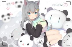 Rule 34 | 1girl, amashiro natsuki, animal ears, bad id, bad twitter id, black jacket, black shorts, blue eyes, blurry, blurry background, cat ears, cat girl, cat tail, closed mouth, commentary request, depth of field, eyebrows hidden by hair, food, grey hair, hair between eyes, hair ornament, hairclip, highres, holding, hood, hood down, hooded jacket, jacket, long hair, long sleeves, looking at viewer, nachoneko, no shoes, onigiri, original, puffy long sleeves, puffy sleeves, short shorts, shorts, sitting, sleeves past wrists, smile, socks, solo, striped clothes, striped socks, tail, viewfinder, wariza, white jacket