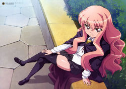 Rule 34 | 00s, 1girl, absurdres, blouse, brooch, cape, crossed legs, female focus, from above, highres, jewelry, loafers, long hair, louise francoise le blanc de la valliere, official art, pink eyes, pink hair, shirt, shoes, sitting, skirt, smile, solo, thighhighs, usatsuka eiji, zero no tsukaima