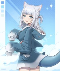 Rule 34 | 1girl, absurdres, animal ears, blue eyes, blue hair, blue hoodie, cat ears, commentary, english commentary, fins, fish tail, gawr gura, grey hair, hair ornament, highres, hololive, hololive english, hood, hoodie, looking at viewer, multicolored hair, open mouth, shark girl, shark hair ornament, shark tail, sharp teeth, shoes, sleeves past wrists, sparkle, streaked hair, suoniko, tail, teeth, virtual youtuber