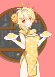 Rule 34 | 1girl, absurdres, ahoge, alternate costume, blonde hair, blush, breasts, bun cover, china dress, chinese clothes, cleavage, cleavage cutout, closed mouth, clothing cutout, commentary request, cowboy shot, cuore 0624, dress, dress flower, flower, food, fried rice, hair between eyes, hair intakes, halo, highres, hinata mashu, large breasts, looking at viewer, medium bangs, nanashi inc., orange eyes, orange flower, pink background, round window, short hair, short sleeves, smile, solo, v-shaped eyebrows, virtual youtuber, window, yellow dress
