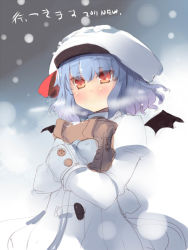 Rule 34 | 1girl, bat wings, blue hair, breath, female focus, hat, red eyes, remilia scarlet, scarf, shin (new), snowing, solo, touhou, wings, winter clothes