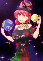 Rule 34 | 1girl, bad id, bad pixiv id, bare shoulders, belt, breasts, chain, choker, cleavage, clothes writing, commentary request, earth (ornament), hecatia lapislazuli, imupakutsu, large breasts, looking at viewer, moon (ornament), multicolored clothes, multicolored skirt, off-shoulder shirt, off shoulder, one eye closed, red eyes, red hair, shirt, skirt, smile, solo, star (symbol), starry background, touhou