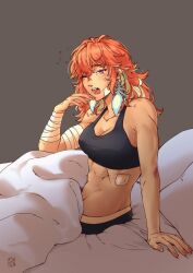 Rule 34 | 1girl, abs, bandages, bed, commentary, earrings, feather earrings, feathers, highres, hololive, hololive english, iskaydi, jewelry, long hair, looking at viewer, muscular, muscular female, one eye closed, open mouth, orange hair, purple eyes, simple background, solo, squeans, takanashi kiara, virtual youtuber, yawning