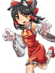Rule 34 | 1girl, animal ears, animal hands, ascot, black hair, blush, bow, brown eyes, cat ears, commentary request, cookie (touhou), detached sleeves, fang, foot out of frame, frilled bow, frilled hair tubes, frilled skirt, frills, hair bow, hair tubes, hakurei reimu, highres, kemonomimi mode, looking at viewer, mary janes, medium hair, nob1109, open mouth, red bow, red footwear, red shirt, red skirt, ribbon-trimmed sleeves, ribbon trim, running, sananana (cookie), sarashi, shirt, shoes, simple background, skirt, skirt set, sleeveless, sleeveless shirt, socks, solo, touhou, white background, white sleeves, white socks, yellow ascot