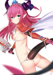 Rule 34 | 1girl, armor, ass, back, bikini, bikini armor, blue eyes, blue ribbon, blush, breasts, cape, ccaw, commentary request, curled horns, dragon tail, elizabeth bathory (brave) (fate), elizabeth bathory (fate), fate/grand order, fate (series), from behind, frown, hair ribbon, highres, holding, holding sword, holding weapon, horns, long hair, looking at viewer, looking back, loose bikini, oversized clothes, pauldrons, pink hair, pointy ears, red armor, red bikini, ribbon, shoulder armor, small breasts, solo, swimsuit, sword, tail, tiara, two side up, vambraces, weapon, white cape