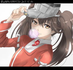 Rule 34 | 10s, 1girl, 2017, brown eyes, brown hair, blowing bubbles, chewing gum, dated, hair between eyes, hand on headwear, hand up, highres, kantai collection, letterboxed, looking at viewer, looking to the side, magatama, parted lips, ryuujou (kancolle), simple background, smile, solo, tororo ten, twintails, twitter username, visor cap, white background