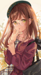 Rule 34 | 1girl, bag, beret, blurry, blush, brown hair, commentary request, dress, eyes visible through hair, finger to mouth, glasses, green eyes, green hat, hands up, hat, highres, holding own arm, long hair, long sleeves, looking at viewer, original, parted lips, puffy long sleeves, puffy sleeves, puracotte, red dress, round eyewear, shoulder bag, signature, solo, tilted headwear, upper body
