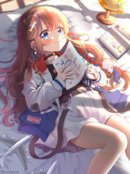 Rule 34 | 1girl, blue eyes, blue hair, blush, book, brown hair, closed mouth, earrings, highres, holding, holding book, indoors, jewelry, lips, long hair, looking at viewer, lying, mozukun43, multicolored hair, on back, original, red hair, smile, solo, very long hair