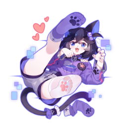 Rule 34 | 1girl, :3, absurdres, animal ear fluff, animal ears, asymmetrical legwear, bell, benghuai xueyuan, black hair, blue eyes, cat ears, cat girl, cat tail, character request, chinese commentary, claw pose, collar, commentary request, fang, grey shorts, highres, honkai (series), hood, hoodie, legs up, looking at viewer, lying, nail polish, neck bell, on back, open mouth, paw pose, paw print, paw print pattern, paw print socks, paw print soles, purple hoodie, purple nails, purple thighhighs, short hair, shorts, slit pupils, smile, soles, solo, spread legs, tail, thighhighs, tsubasa tsubasa, uneven legwear, white thighhighs
