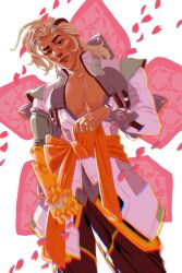 Rule 34 | 1boy, armor, blonde hair, brown pants, closed mouth, collarbone, commentary, dark skin, english commentary, falling petals, highres, lifeweaver (overwatch), long hair, looking at viewer, male focus, open clothes, overwatch, overwatch 2, pants, pectorals, petals, raised eyebrows, sam schechter, simple background, solo, standing, white background, white sleeves, wrist guards