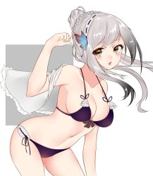Rule 34 | 1girl, absurdres, ayuko (mochiayuko), azur lane, bare shoulders, bikini, blush, braid, breasts, brown eyes, butterfly hair ornament, dunkerque (azur lane), dunkerque (summer sucre) (azur lane), hair ornament, hand up, highres, large breasts, leaning forward, long hair, looking at viewer, navel, open mouth, side-tie bikini bottom, silver hair, simple background, solo, standing, swimsuit