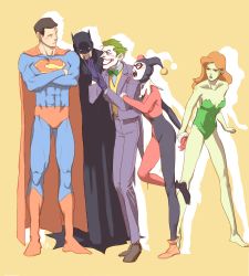 Rule 34 | 2girls, 3boys, abs, bad id, bad pixiv id, bare shoulders, barefoot, batman, batman (series), bow, bowtie, cape, colored skin, crossed arms, dc comics, domino mask, closed eyes, full body, green hair, green lips, green skin, grin, harley quinn, highres, long hair, mask, multiple boys, multiple girls, nr (nyuro2), open mouth, orange hair, poison ivy, sketch, smile, standing, superman, the joker