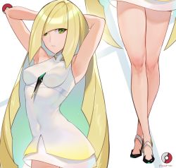Rule 34 | 1girl, armpits, arms behind head, arms up, blonde hair, breasts, commentary, covered navel, creatures (company), diagonal bangs, dress, english commentary, game freak, gem, green eyes, high heels, highres, hip focus, legs, long hair, looking at viewer, lusamine (pokemon), medium breasts, multiple views, nintendo, parted lips, poke ball, pokemon, pokemon sm, sendo (sendrawz), short dress, simple background, sleeveless, thighs, very long hair, white background, white dress