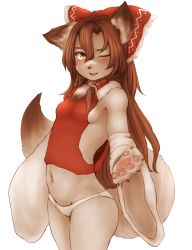 Rule 34 | 1girl, animal ears, bare shoulders, blush, body fur, bow, breasts, brown eyes, brown hair, dog ears, dog tail, furry, furry female, hair bow, hair tubes, hakurei reimu, hawthorn, highres, japanese clothes, long hair, looking at viewer, miko, navel, no bra, one eye closed, open mouth, panties, simple background, small breasts, solo, standing, tail, touhou, underwear, white background, white panties