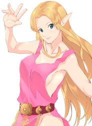 Rule 34 | 1girl, aqua eyes, armpits, blonde hair, blush, bottomless, breasts, egooo, hand up, light blush, long hair, looking at viewer, medium breasts, nintendo, no bra, no panties, parted lips, pointy ears, princess, princess zelda, sideboob, simple background, solo, standing, tabard, the legend of zelda, the legend of zelda: a link between worlds, thighs, white background