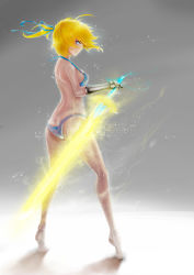 Rule 34 | 1girl, absurdres, ahoge, artoria pendragon (fate), ass, barefoot, bikini, blonde hair, blue eyes, breasts, butt crack, excalibur (fate/stay night), fate (series), full body, glowing, glowing sword, glowing weapon, grey background, highres, looking at viewer, medium breasts, ponytail, saber (fate), sideboob, solo, swimsuit, sword, tiptoes, weapon, yinqianren