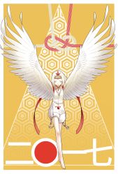 Rule 34 | 1girl, absurdres, akira (meltyhip), bare legs, barefoot, closed eyes, facial mark, feathers, feet, female focus, harpy, highres, jewelry, legs, monster girl, necklace, original, pale skin, solo, tiptoes, whisker markings, winged arms, wings, yellow background