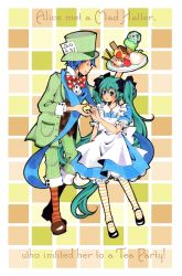 Rule 34 | 1boy, 1girl, alice (alice in wonderland), alice (alice in wonderland) (cosplay), alice in wonderland, apron, aqua eyes, aqua hair, bad id, bad pixiv id, blue dress, blue hair, blue scarf, cake, cosplay, dress, english text, food, formal, frills, hat, hatsune miku, ice cream, kaito (vocaloid), long hair, mad hatter (alice in wonderland), pantyhose, pastry, plate, scarf, shoes, smile, striped clothes, striped pantyhose, striped thighhighs, suit, thighhighs, tomoshibi rei, top hat, twintails, very long hair, vocaloid