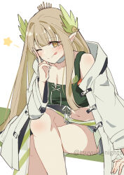 Rule 34 | 1girl, ;p, arknights, arm support, blunt bangs, blush, breasts, choker, cleavage, collarbone, crossed legs, green tank top, hair intakes, hand up, jacket, large breasts, laurel crown, light brown hair, long hair, long sleeves, medium breasts, midriff, mole, mole under eye, muelsyse (arknights), navel, official alternate costume, one eye closed, open clothes, open jacket, orange eyes, pointy ears, shorts, sidelocks, simple background, sitting, smile, solo, star (symbol), tank top, tongue, tongue out, torn clothes, torn shorts, tsuyuki yuki, twitter username, v, white background, white choker, white jacket