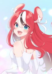 Rule 34 | absurdres, animal ears, bare shoulders, breasts, dress, earrings, elbow gloves, fangs, fog, gloves, hakos baelz, highres, hololive, hololive english, jewelry, lia (pandaen), light blush, long hair, looking at viewer, looking back, mouse ears, open mouth, red hair, shoulder blades, small breasts, smile, standing, straight hair, tank top, virtual youtuber, white dress, white hair
