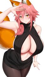 Rule 34 | 1girl, absurdres, animal ear fluff, animal ears, areola slip, arind yudha, armpits, bare shoulders, black pantyhose, black sweater, blush, breasts, cleavage, collarbone, commentary, fate/extra, fate/grand order, fate (series), fingernails, fox ears, fox girl, fox shadow puppet, fox tail, hair between eyes, hand on own head, highres, huge breasts, long hair, looking at viewer, meme attire, navel, nose, orange tail, pantyhose, pink hair, pink lips, ribbed sweater, sideboob, simple background, smile, solo, stomach, sweater, tail, tamamo (fate), tamamo no mae (fate/extra), thighs, virgin killer sweater, white background, yellow eyes