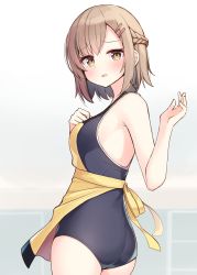 Rule 34 | 1girl, apron, blush, brown eyes, brown hair, childhood friend (ominaeshi), highres, looking at viewer, looking back, ominaeshi (takenoko), one-piece swimsuit, open mouth, parted lips, solo, swimsuit